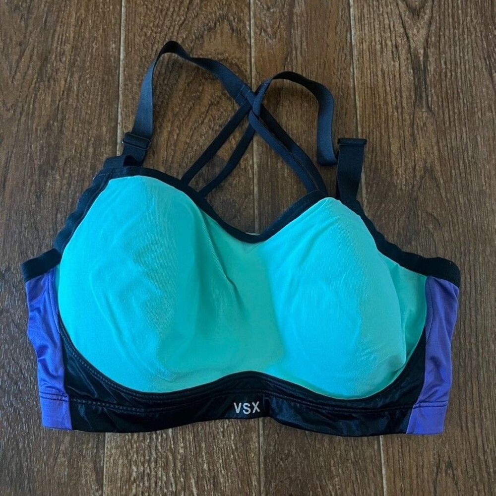 Victorias Secret VSX Sport Underwire Sports Bra 34DD Aqua Black Purple Padded